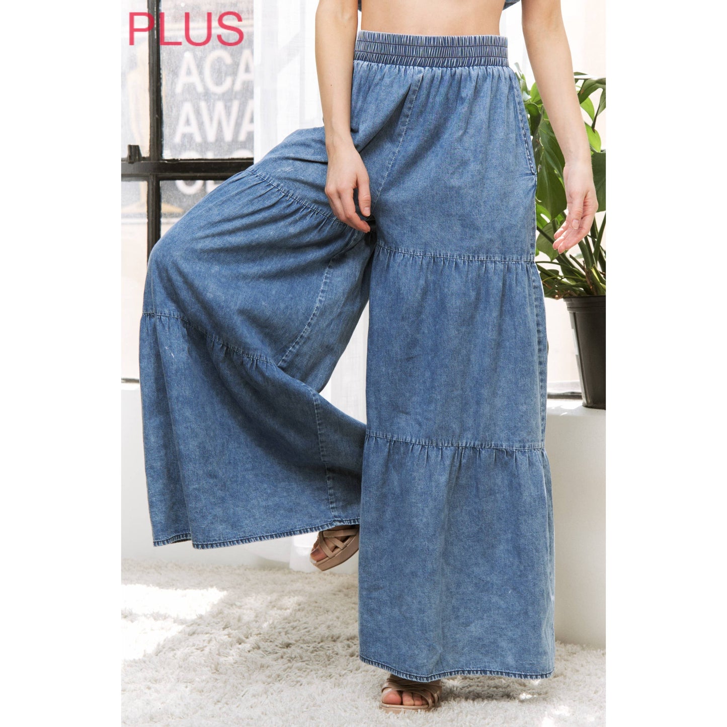 PLUS CHIC DENIM ELASTIC WAIST BAND WIDE LEG FLARED PANTS