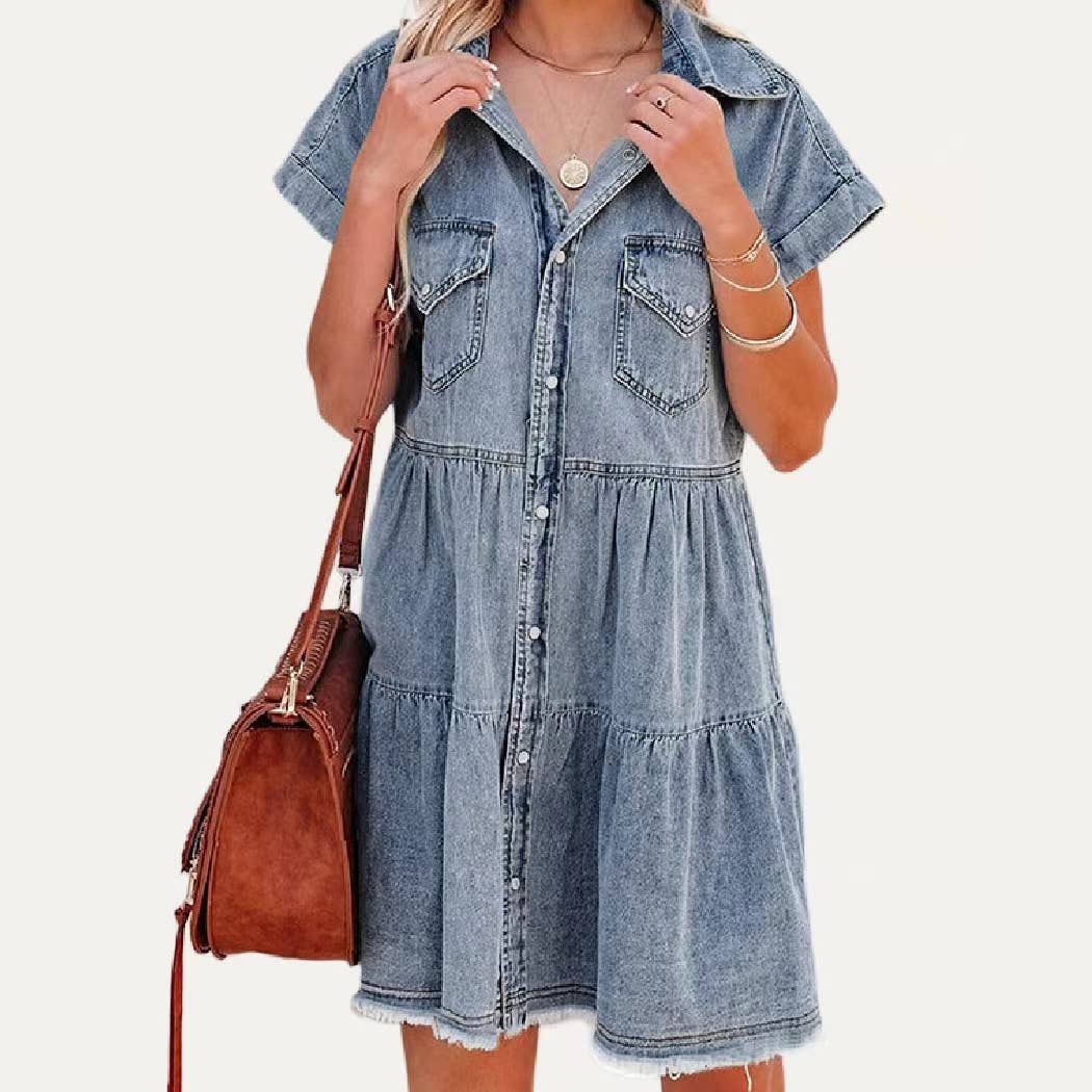 Classic Collared Button-Up Short Sleeves Denim Mini Dress