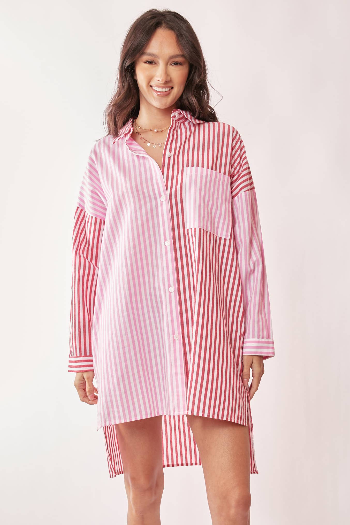 MULTI COLOR STRIPE MIXED BUTTON FRONT TUNIC SHIRT