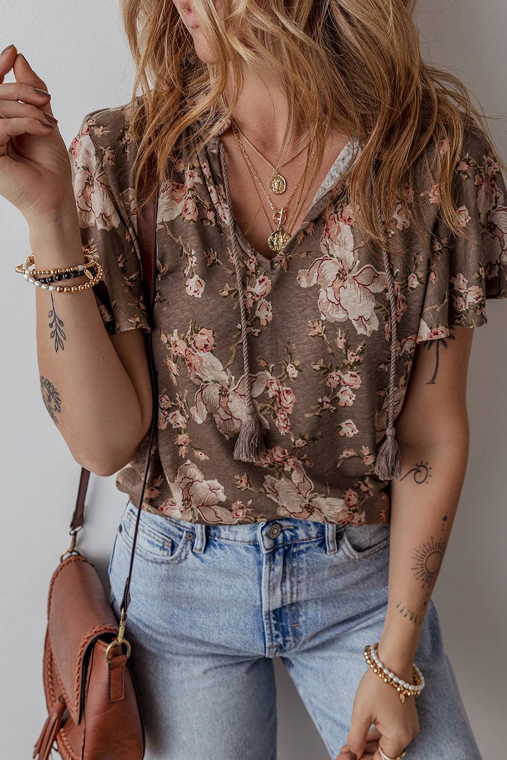 Retro Floral Print Tassel Tie Split Neck Short Sleeve Blouse