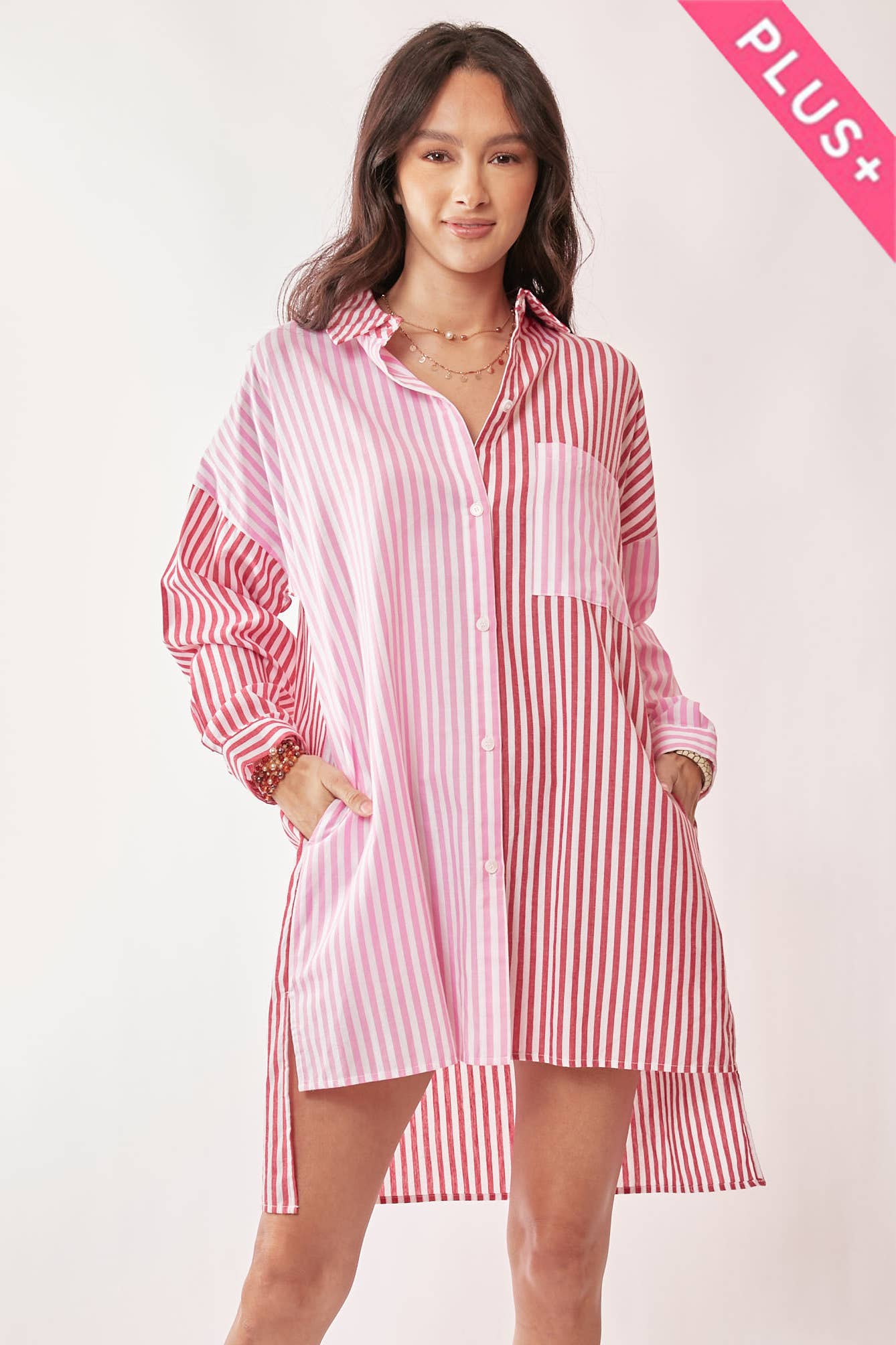 PLUS MULTI COLOR STRIPE BUTTON FRONT TUNIC SHIRT
