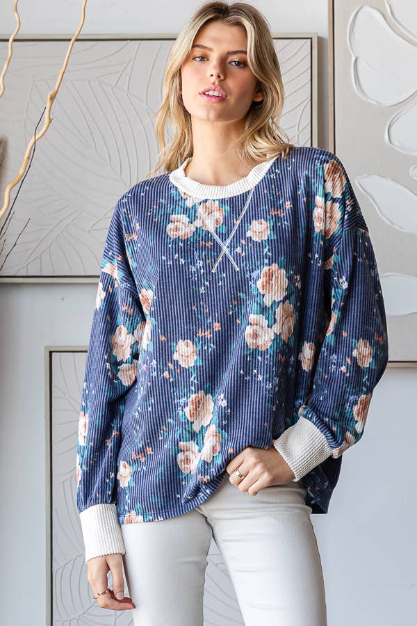 Cozy Floral Rib Drop Shoulder V-Stitch Pullover Top T5699