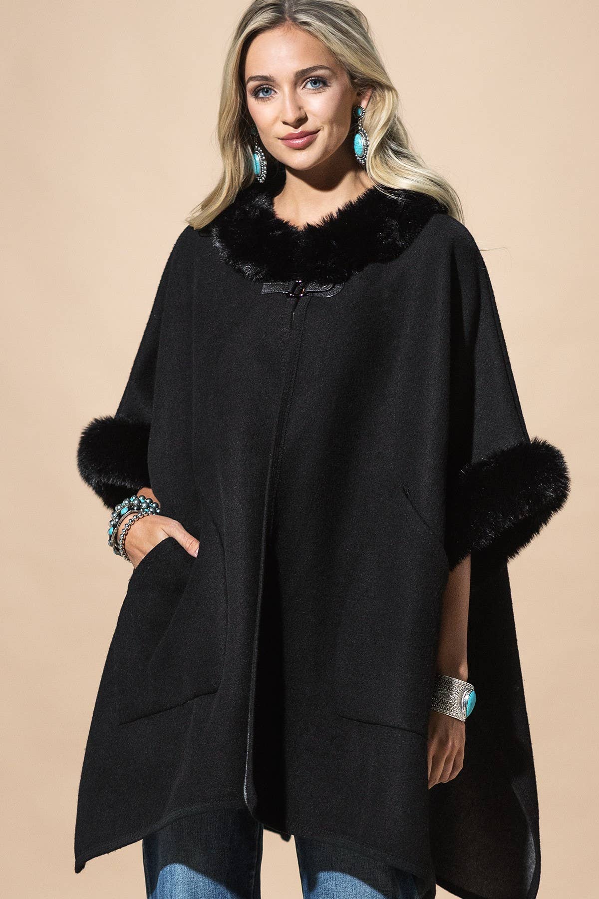 Cape With Faux Fur Trim And Toggle Closure