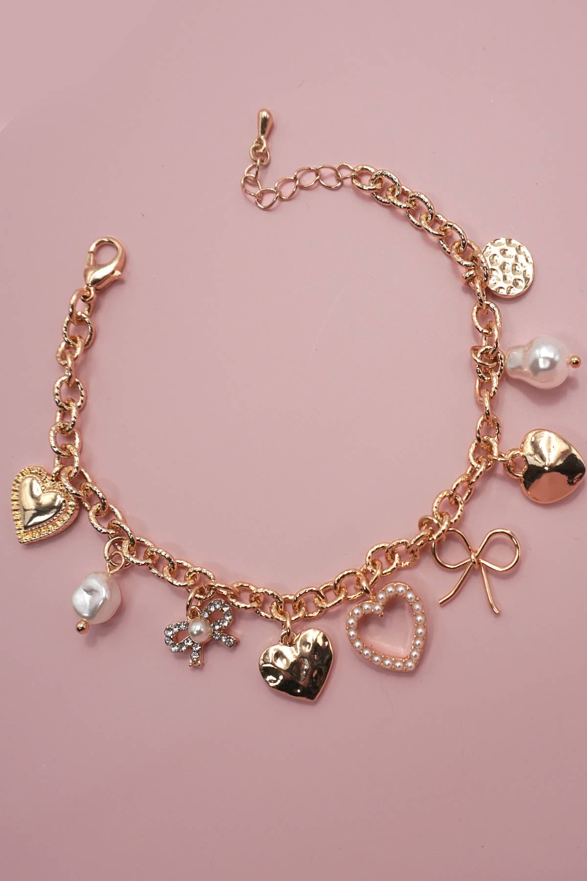 CHARM BRACELET-BOW HEART PEARL DISC| 80B1290