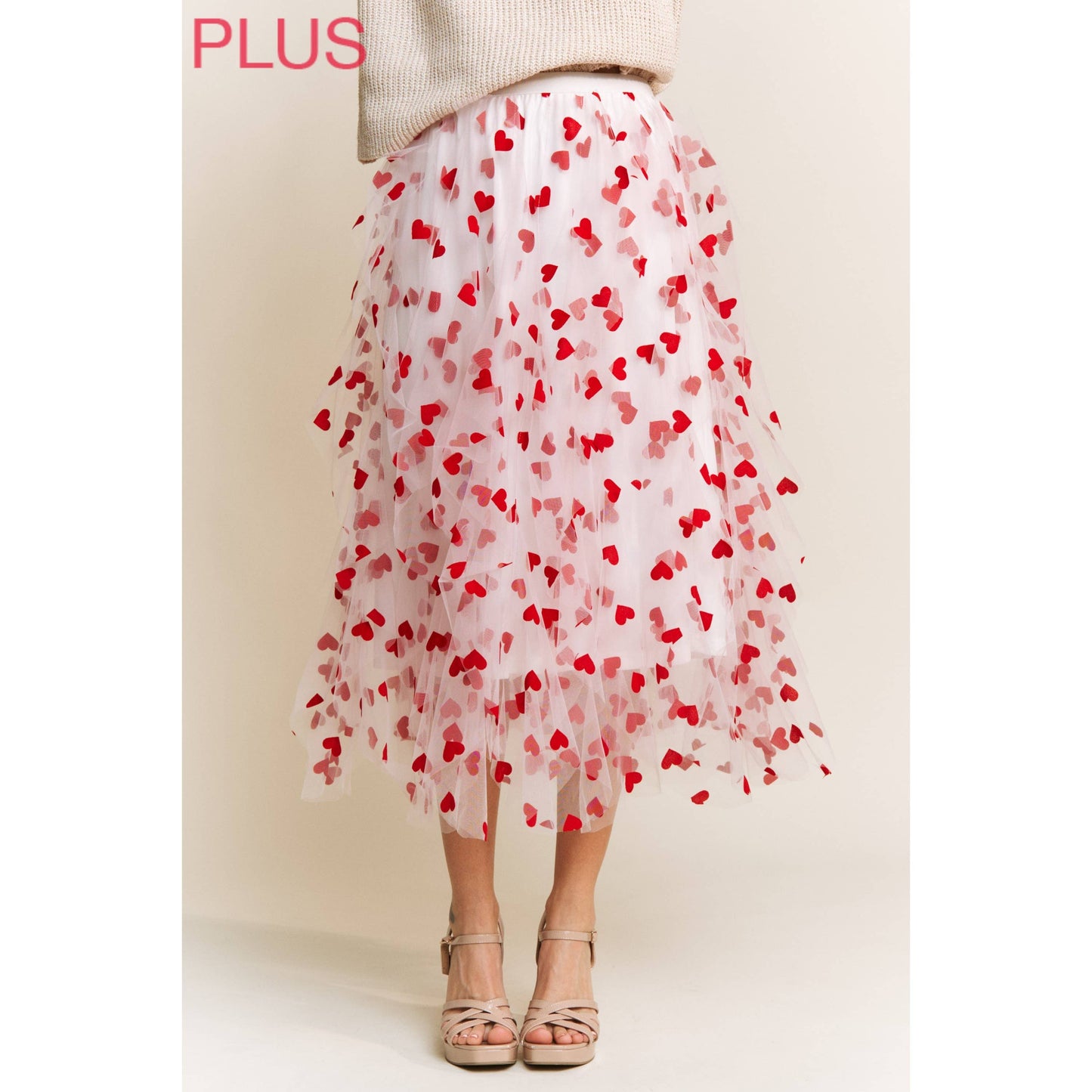 PLUS HEART VELVET FLOCKING MESH LAYERED MIDI SKIRT