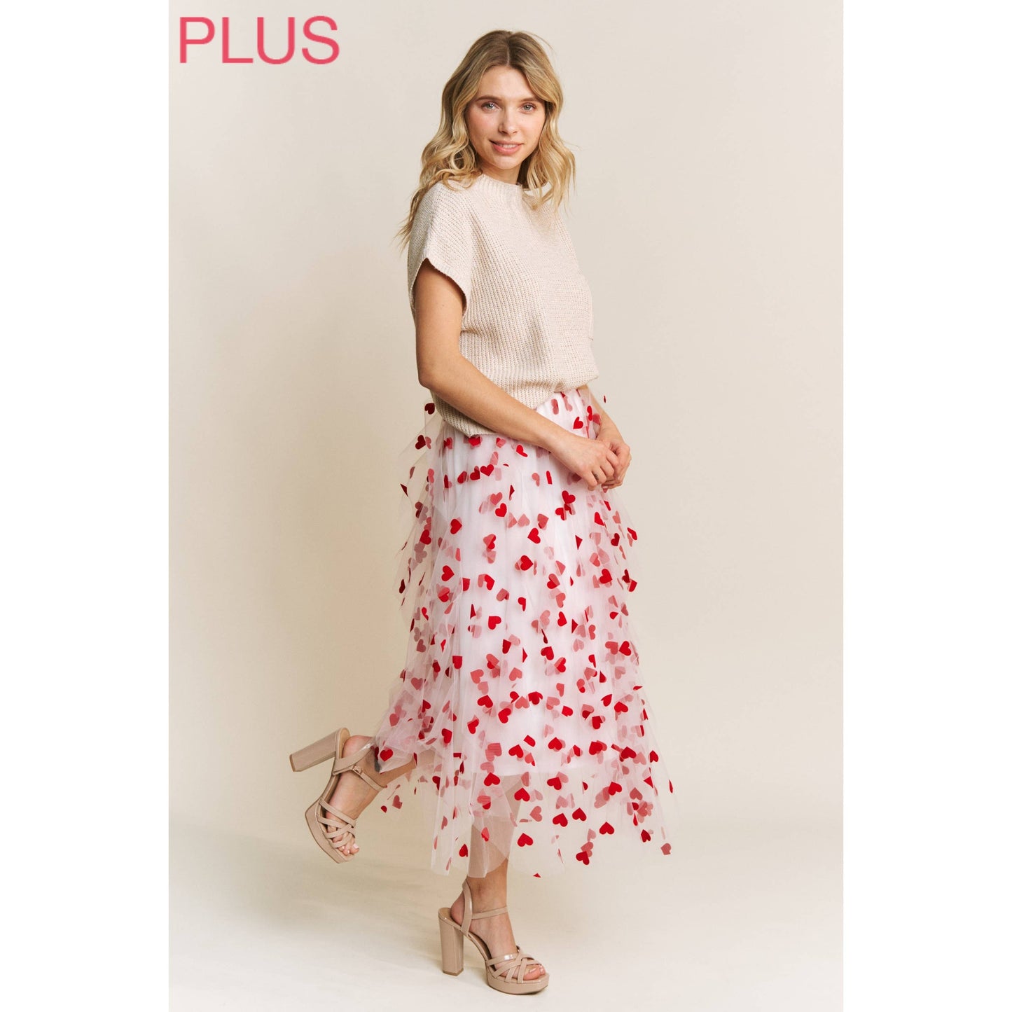 PLUS HEART VELVET FLOCKING MESH LAYERED MIDI SKIRT