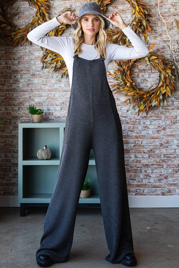 Rib Knit Wide Leg Adjustable Strap Overall Jumpsuit J5293