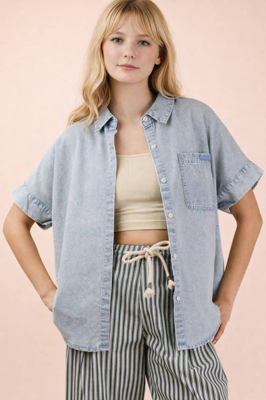 NT12493-Mineral Washed Chambray Oversized Shirt Top