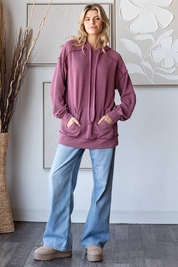 Solid Rib Drop Shoulder Front Pocket Drawstring Hoodie T5704