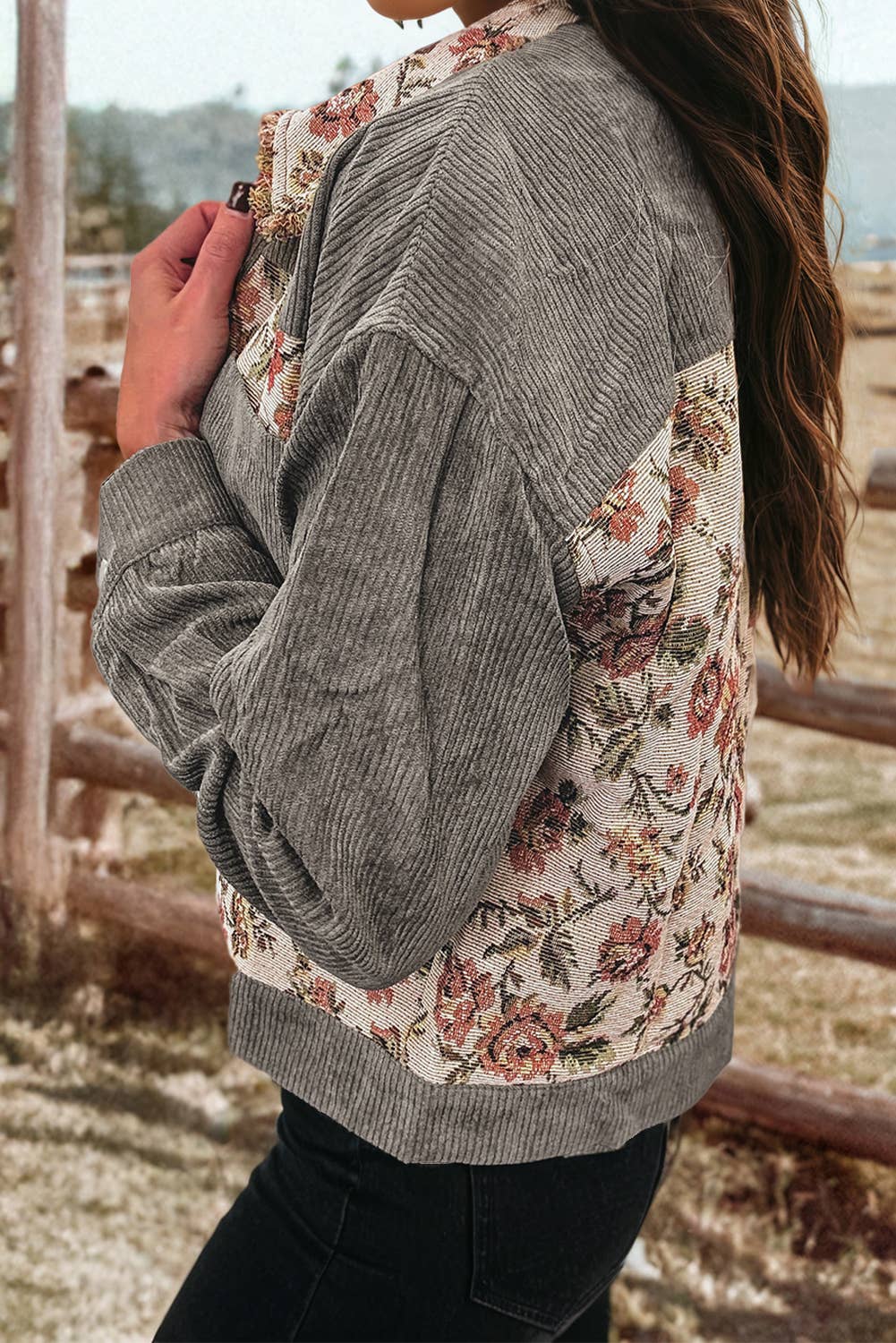 Fashion Rib Retro Floral Patchwork Shirt Style Jacket* S-4X