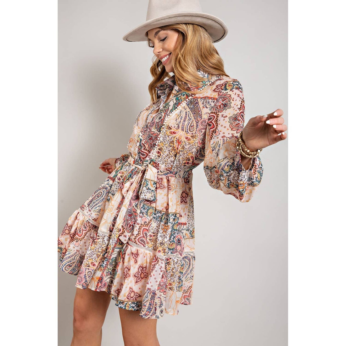 FLOWER PRINT LONG SLEEVE SHIRT DRESS