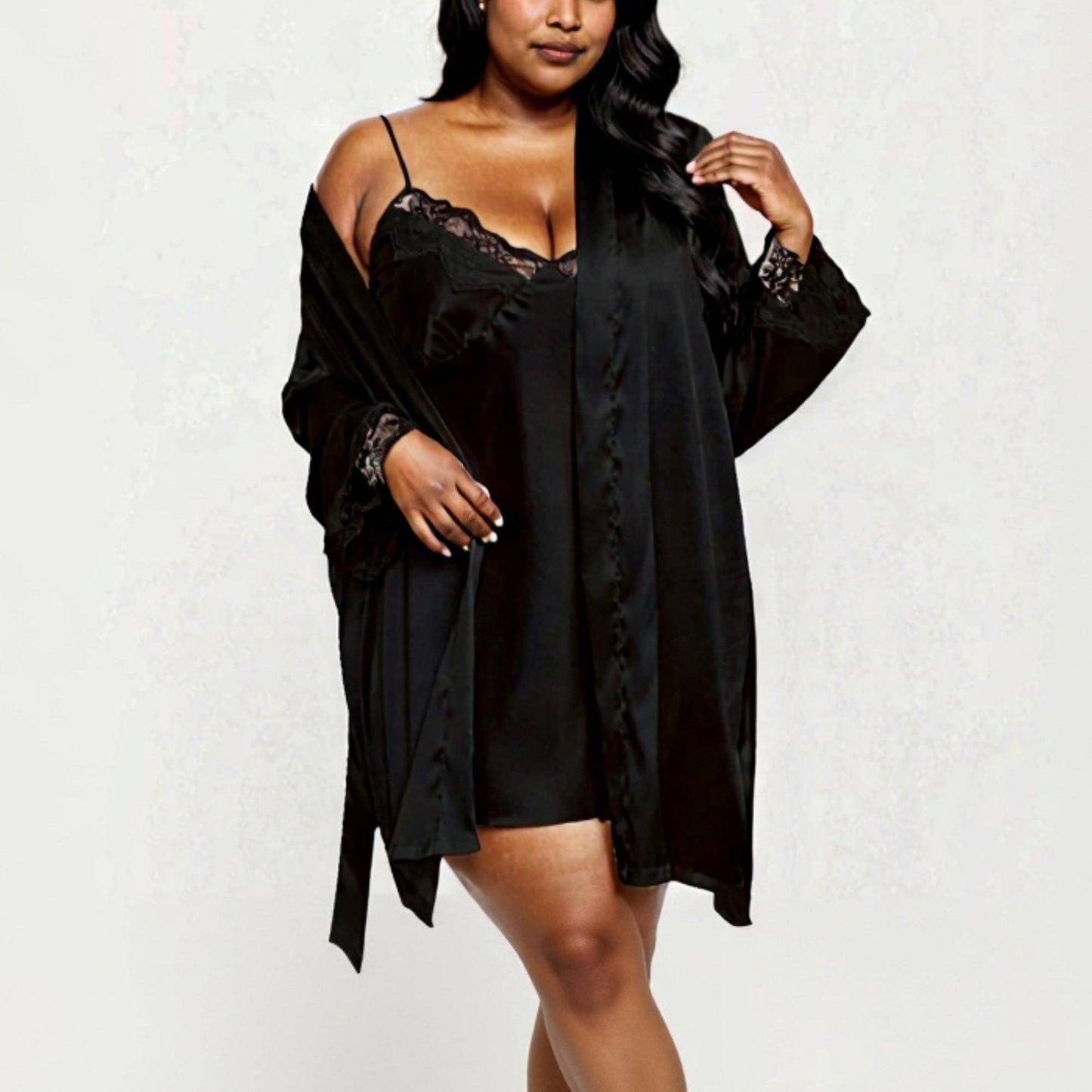 PLus Size Satin Robe and Slip Set with Soft Lace Trim on Sleeves and Delicate Sheen