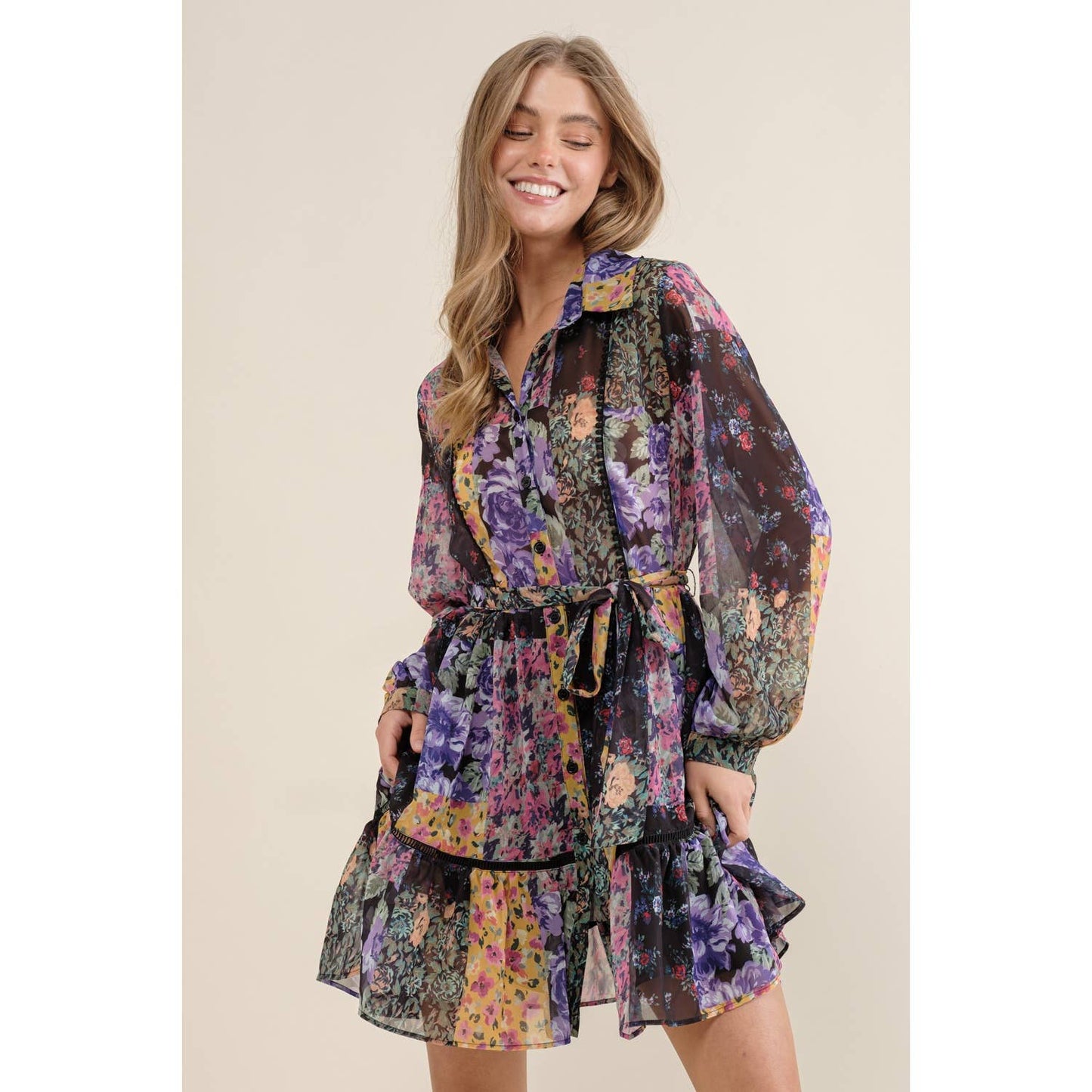 FLOWER PRINT LONG SLEEVE SHIRT DRESS