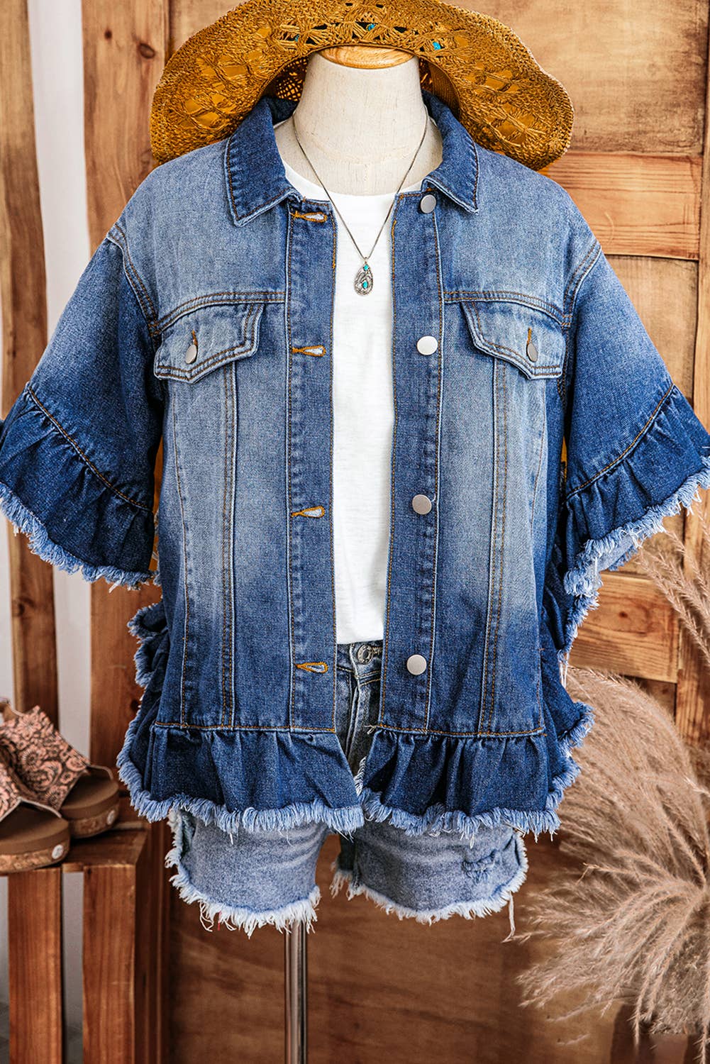Western Fall Raw Edge Ruffle Short Sleeve Denim Jacket*S-4X