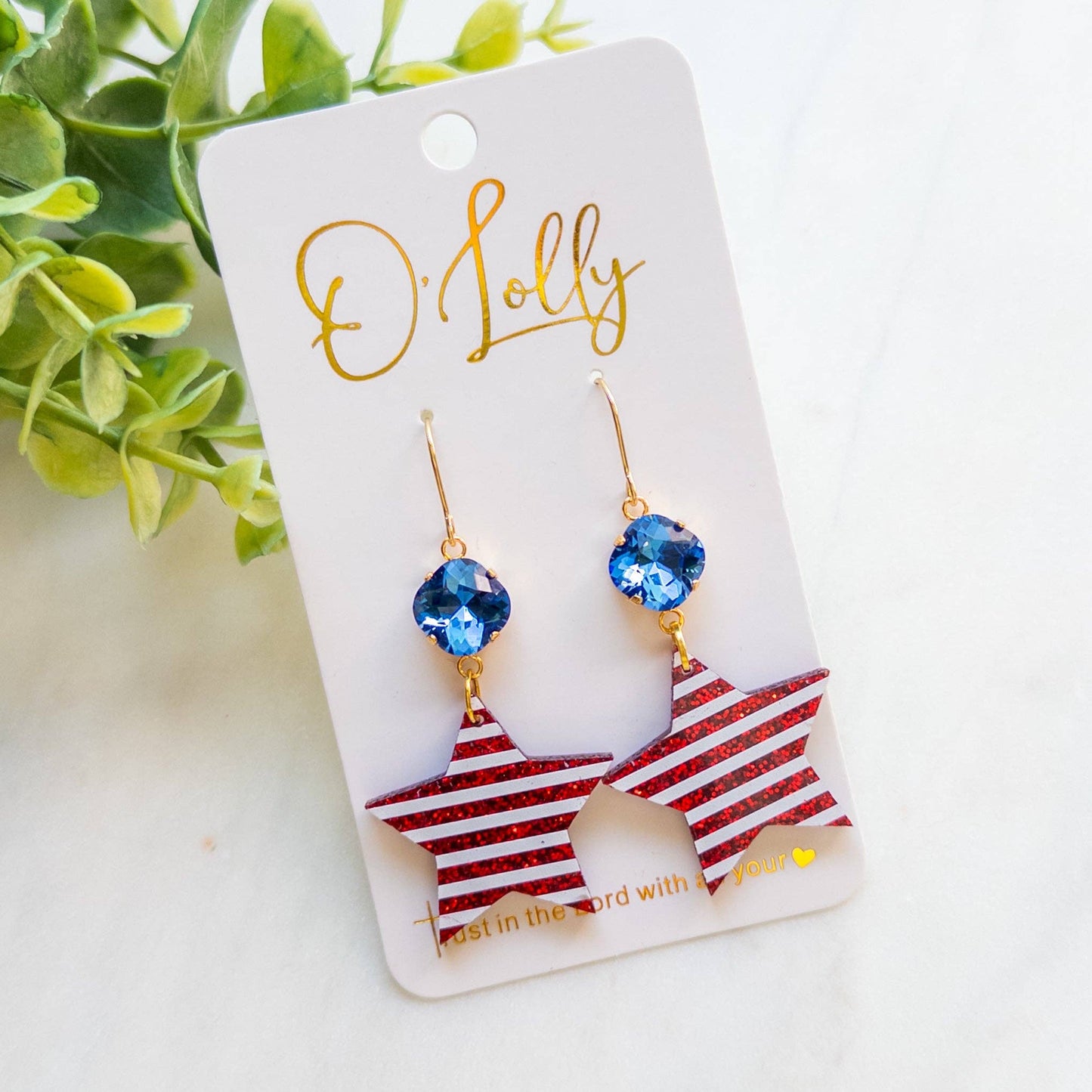 Blue Stone w/Red & White Glitter Acrylic Star
