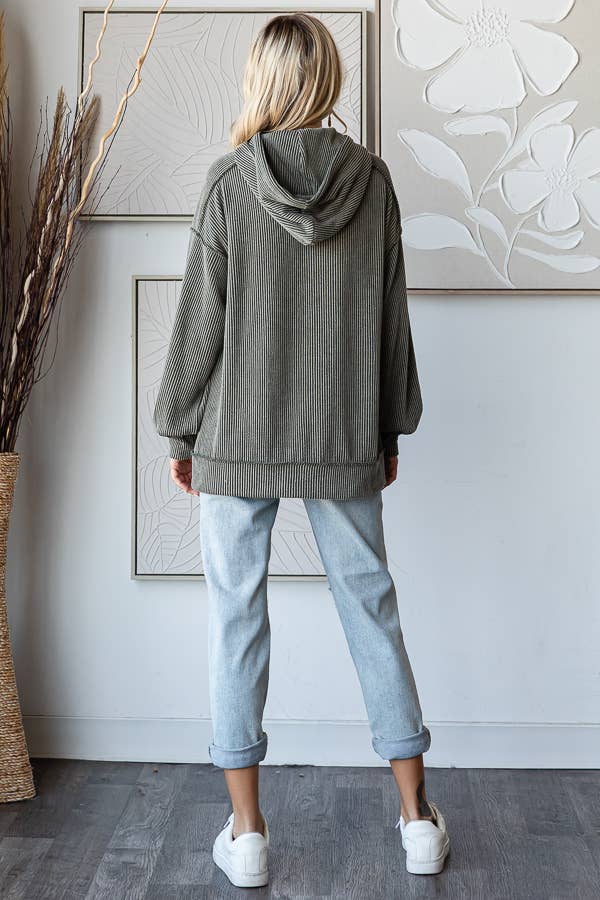 Solid Rib Drop Shoulder Front Pocket Drawstring Hoodie T5704