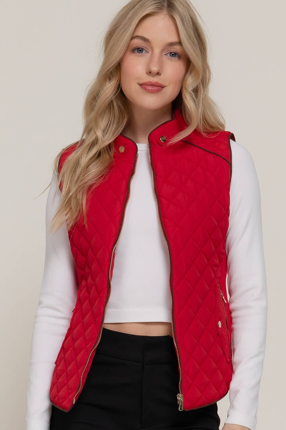 Suede Piping Detail Side Rib Quilted Padding Vest