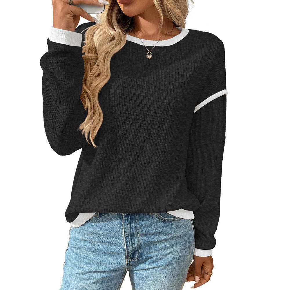 Colorblock Crewneck Knit Look Long Sleeve Pullover Top