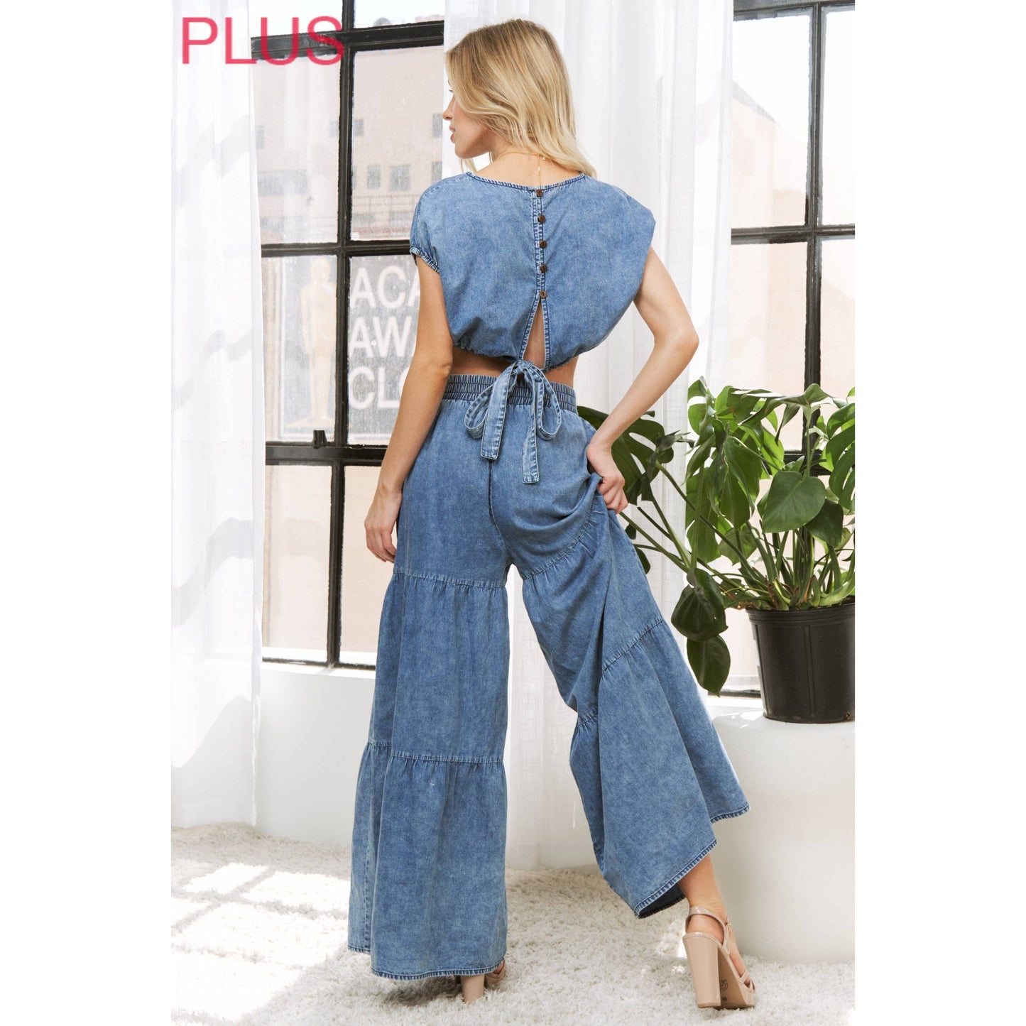 PLUS CHIC DENIM ELASTIC WAIST BAND WIDE LEG FLARED PANTS