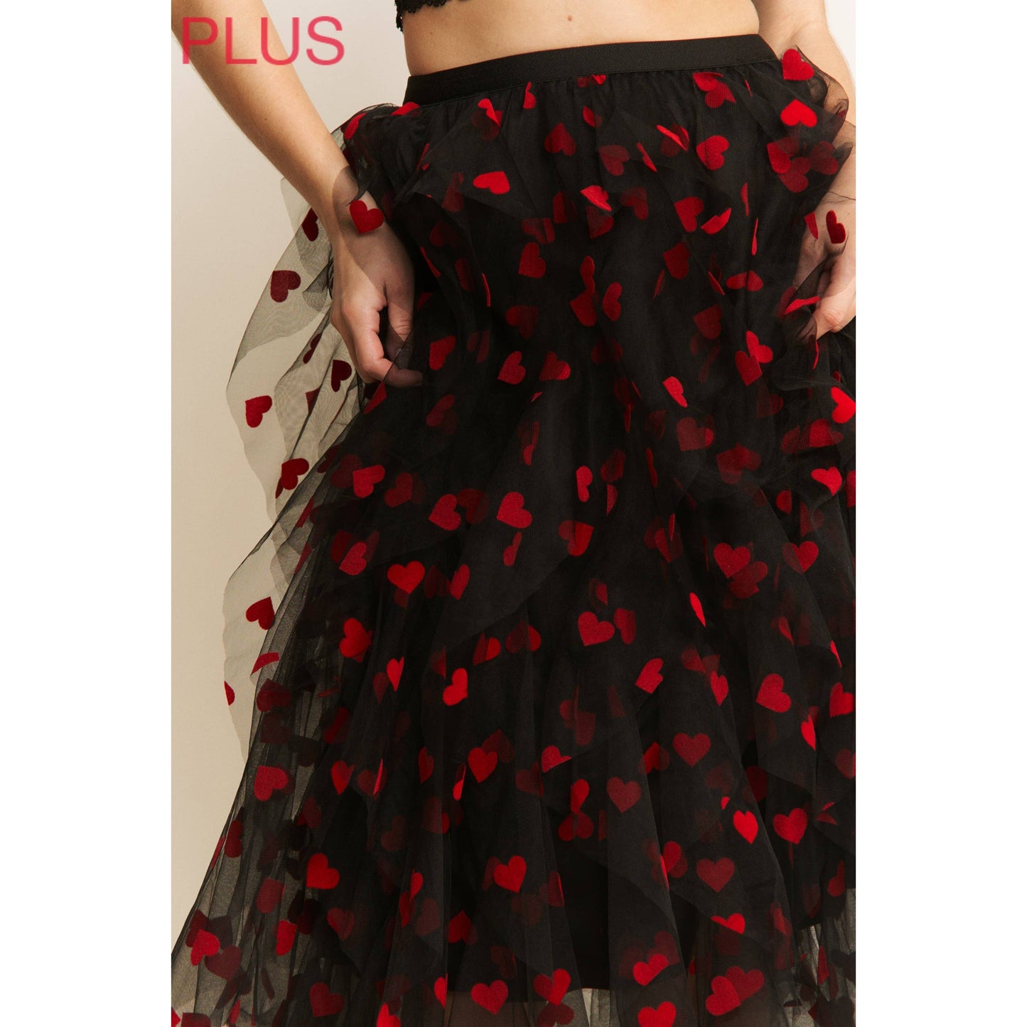 PLUS HEART VELVET FLOCKING MESH LAYERED MIDI SKIRT