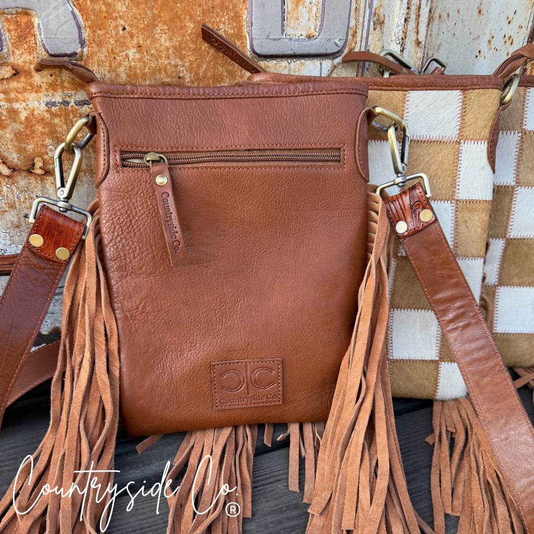 Stockdale Checkered Cowhide Fringe Purse, Brown & White