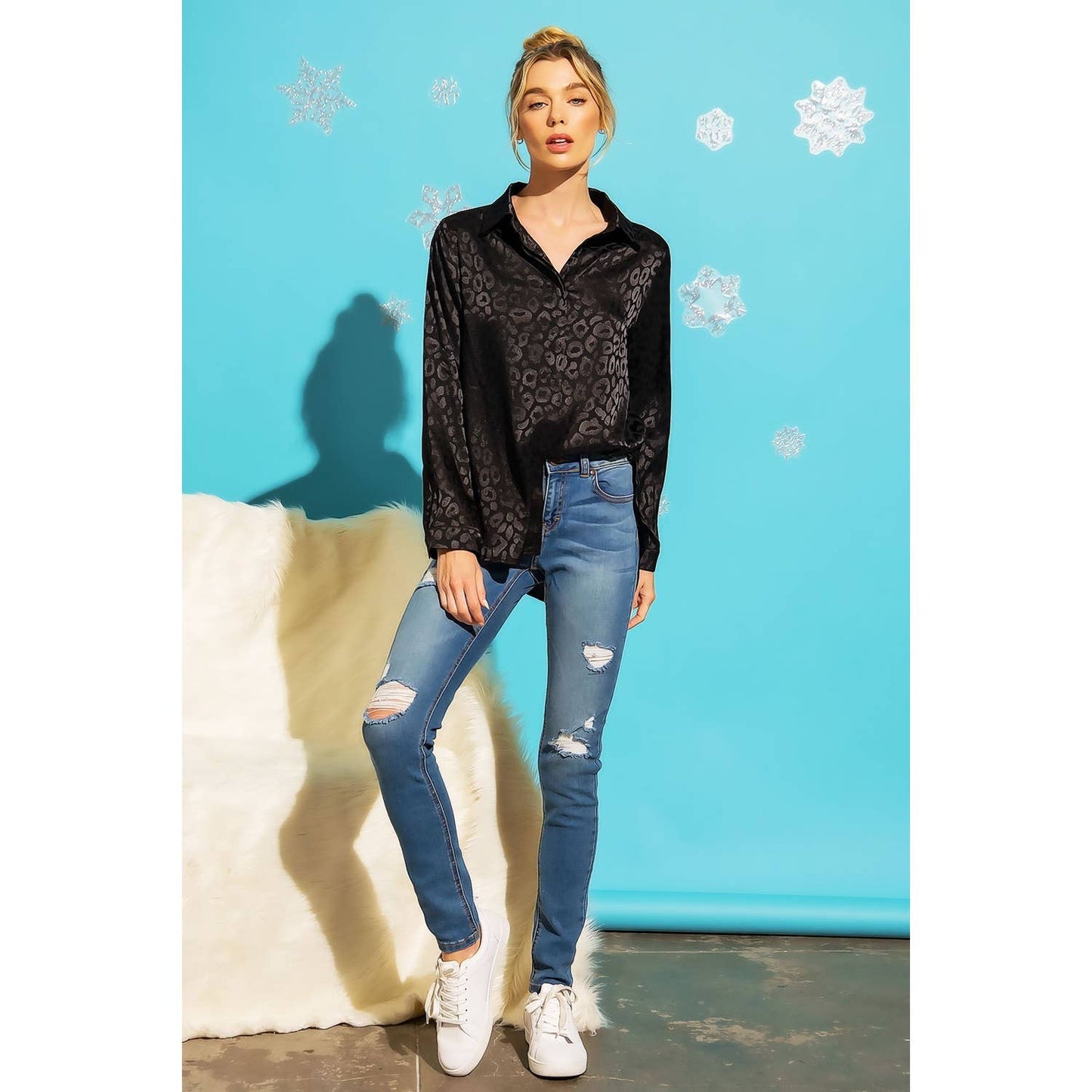 SATIN LEOPARD PRINT BUTTON DOWN TOP