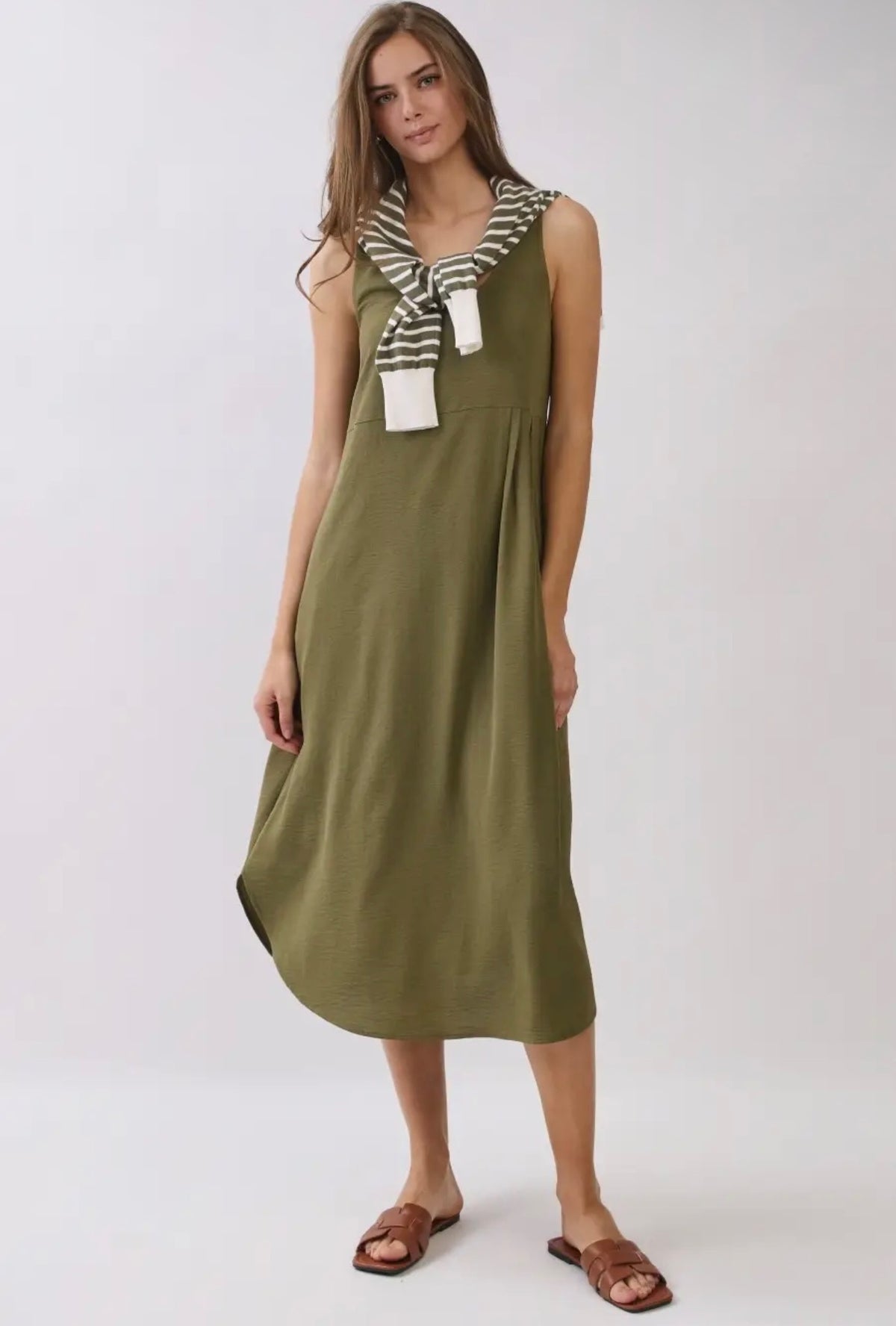 Stripe Long-Sleeve Midi Dress