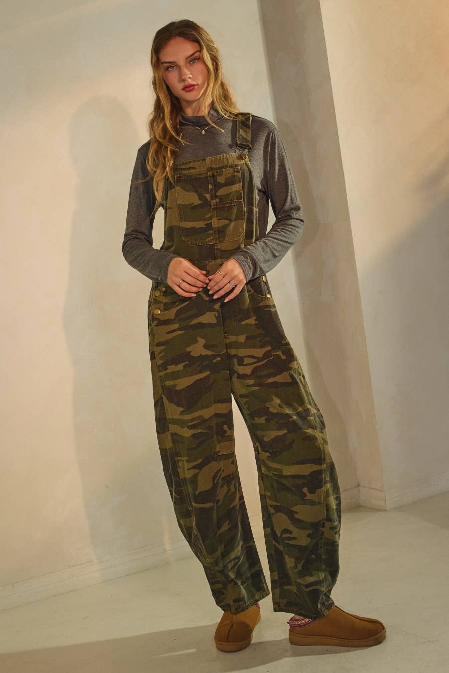 Plus Camo Denim Barrel Overall Jumpsuit