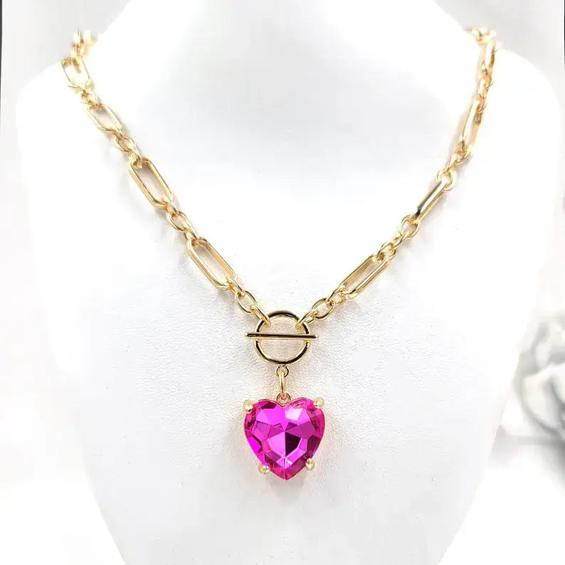 Love Heart Crystal Glass Charm Chain Link Toggle Necklace