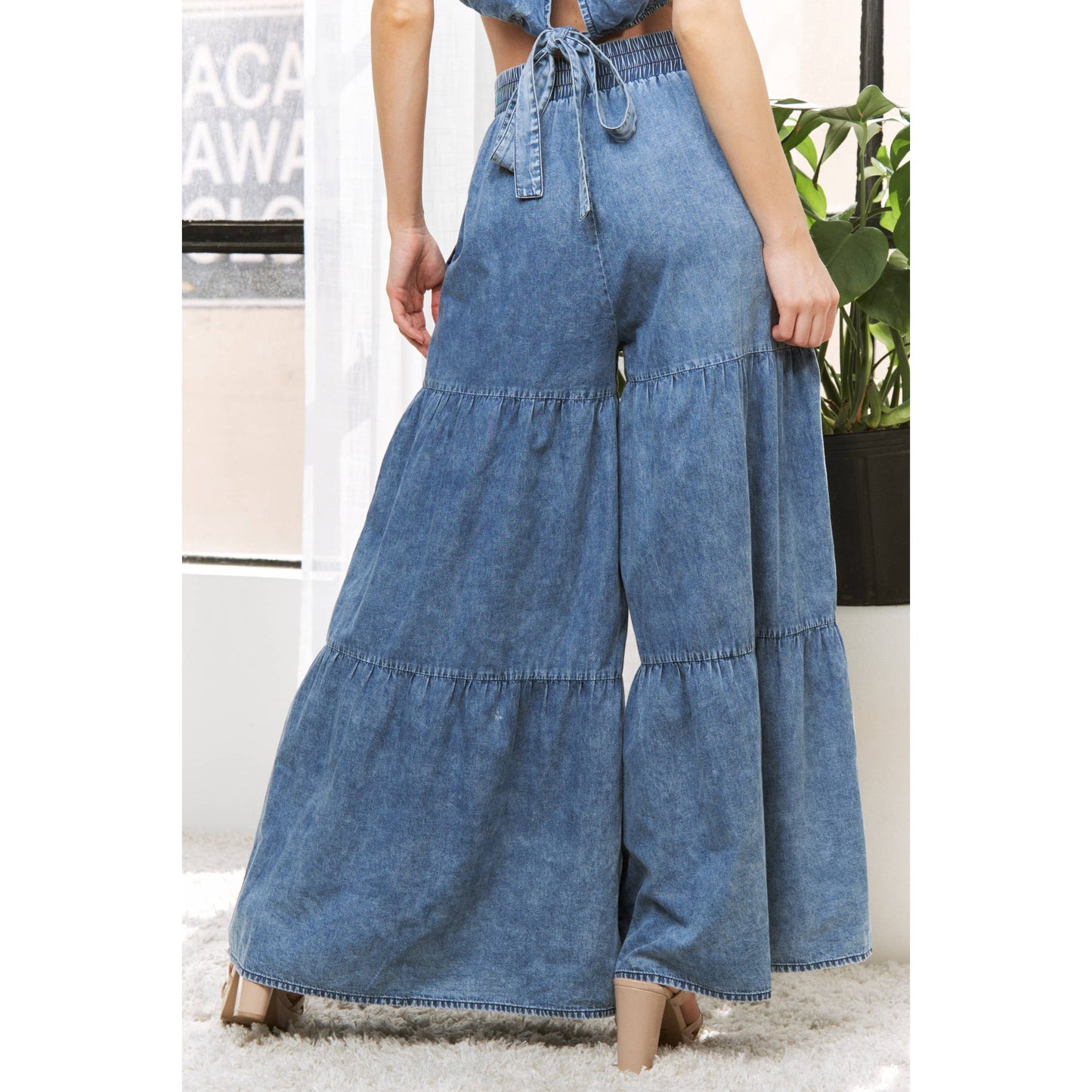 CHIC DENIM ELASTIC WAIST BAND WIDE LEG FLARED PANTS