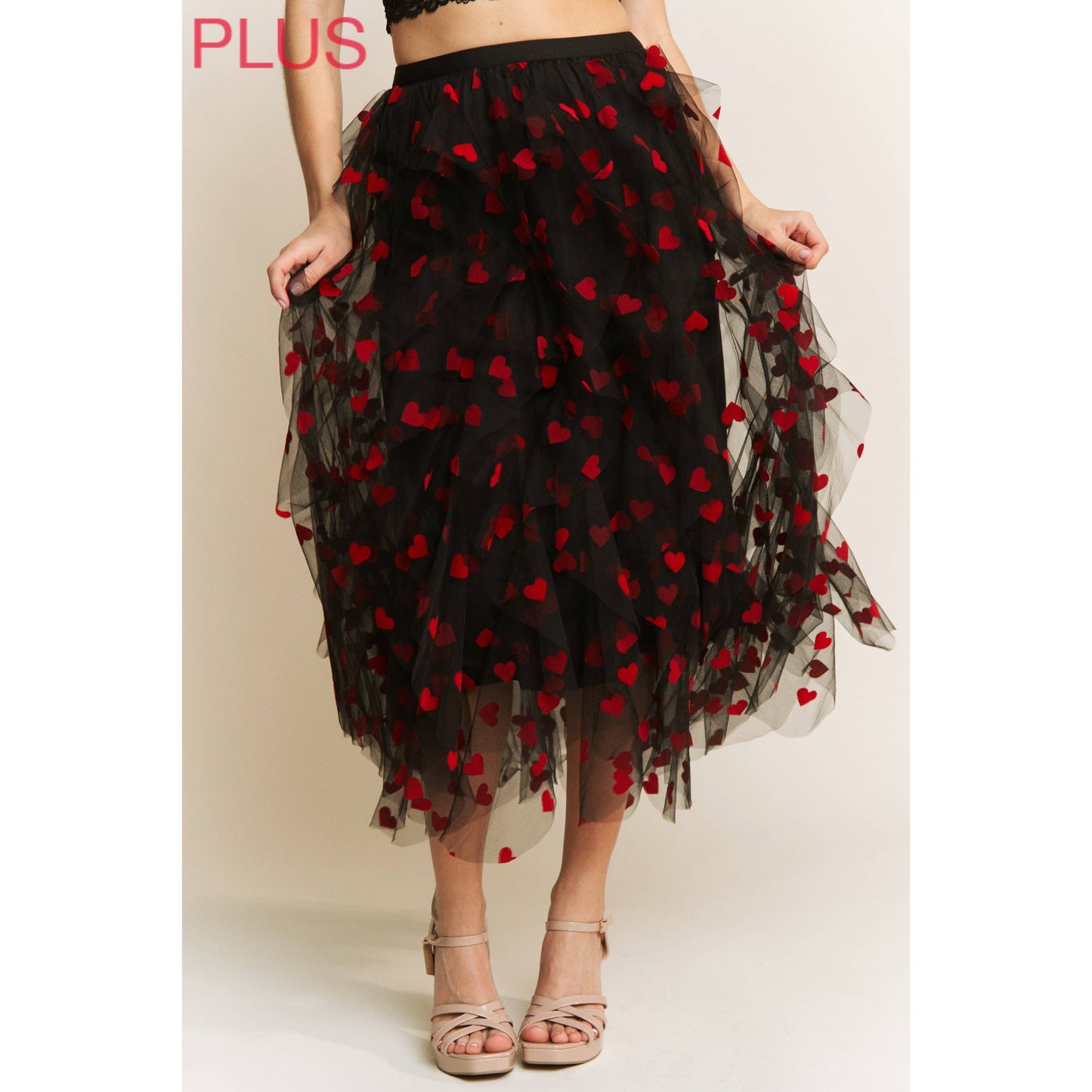 PLUS HEART VELVET FLOCKING MESH LAYERED MIDI SKIRT