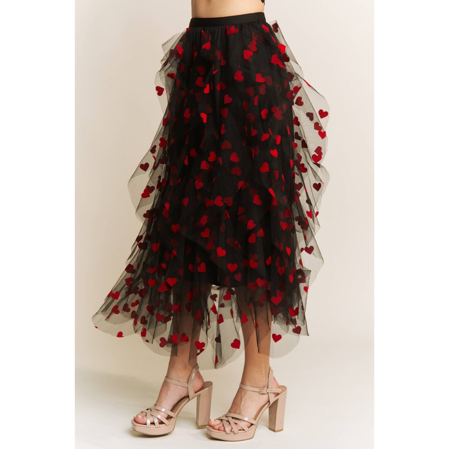 HEART VELVET FLOCKING MESH LAYERED MIDI SKIRT