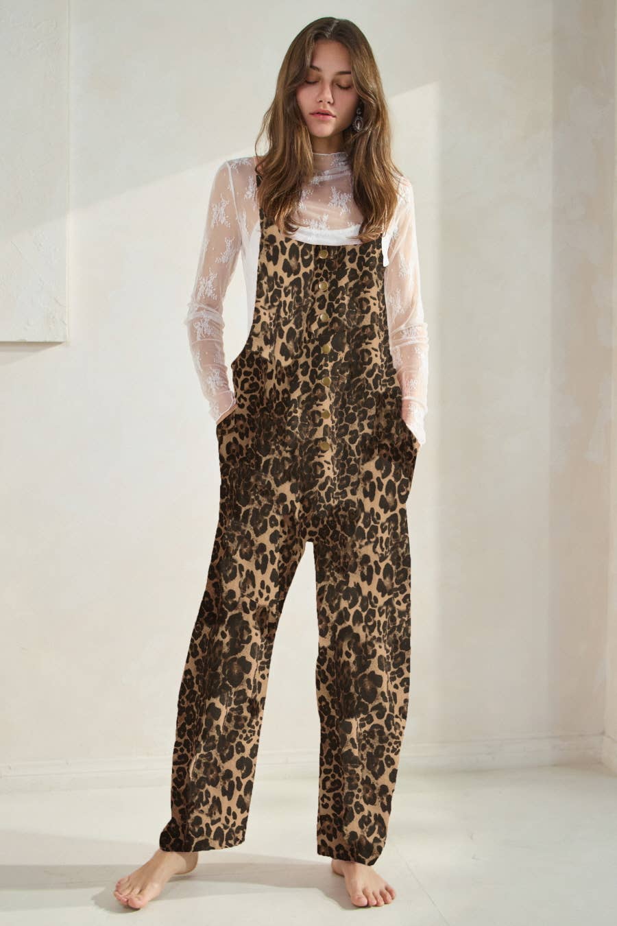 Plus Acid Washed Leopard Printed Denim Jumpsuit