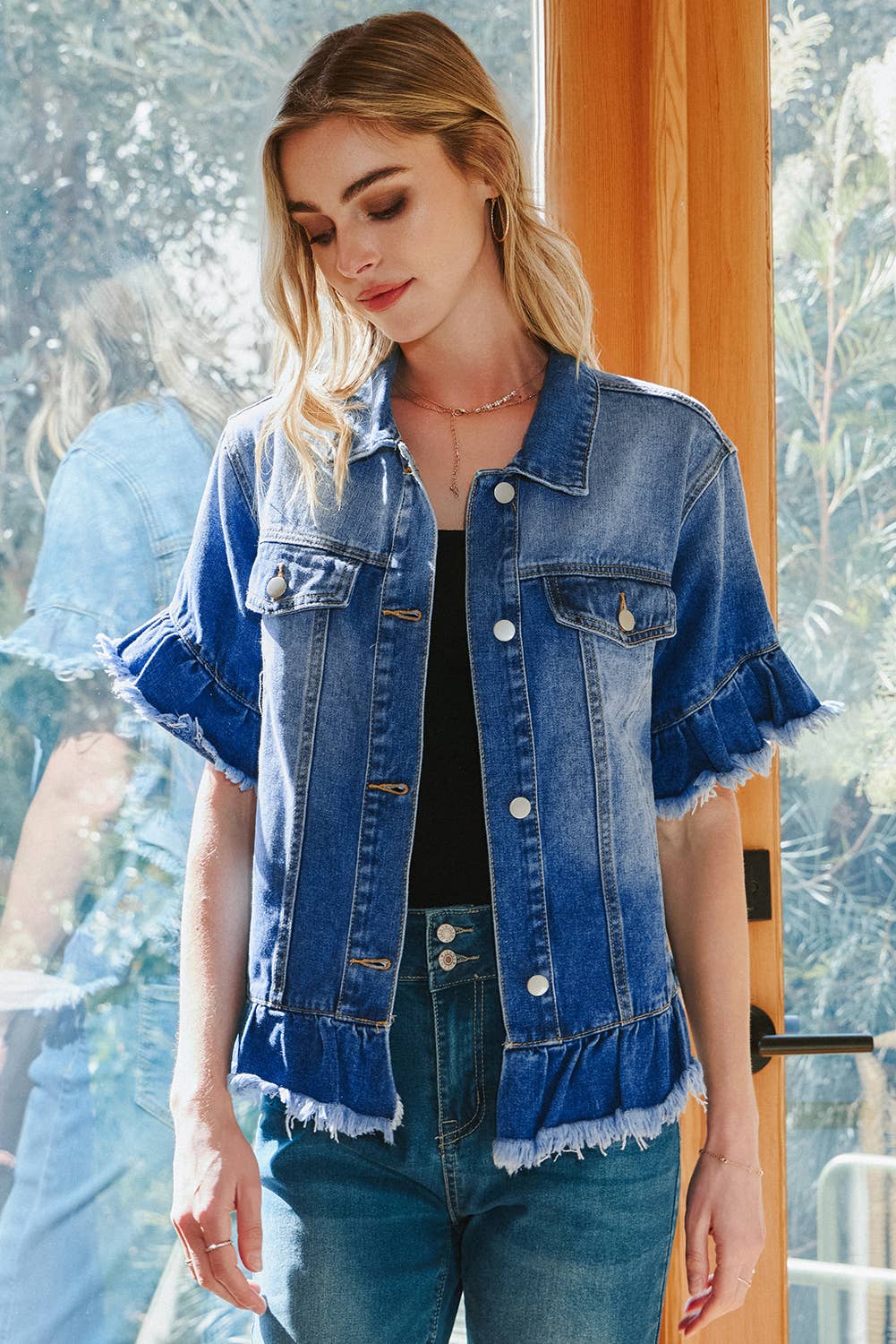 Western Fall Raw Edge Ruffle Short Sleeve Denim Jacket*S-4X