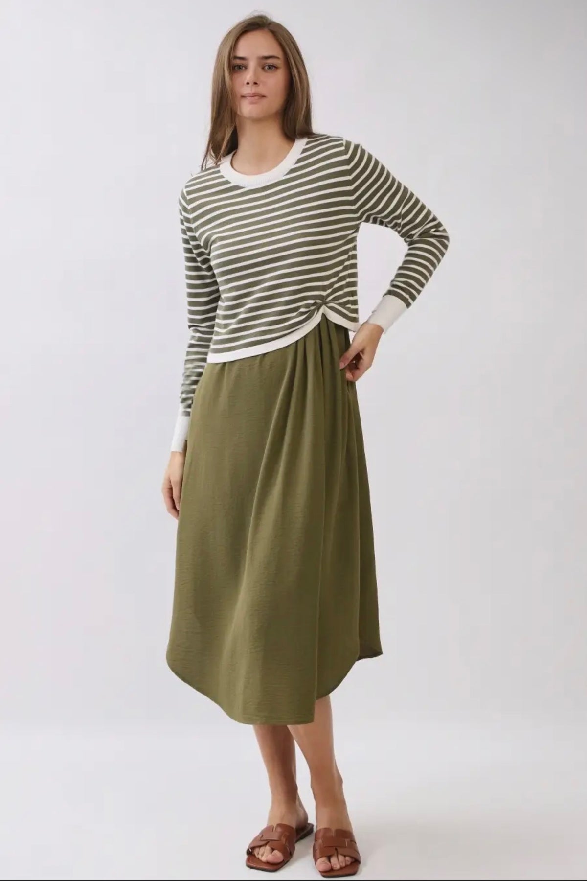 Stripe Long-Sleeve Midi Dress