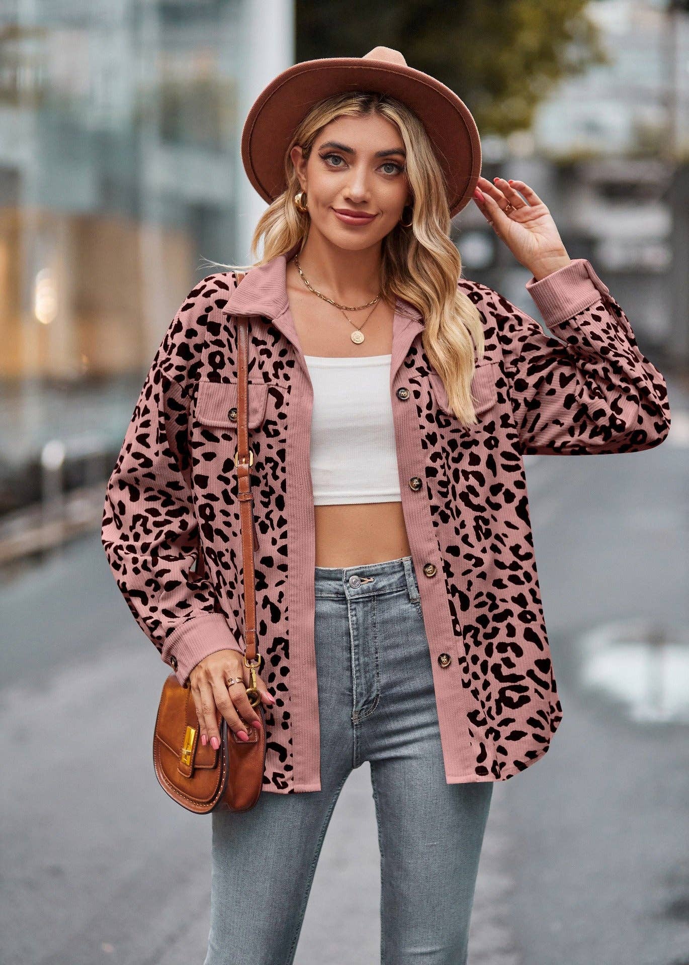 Leopard Corduroy Shirt Jacket - Button Down Oversized Fit