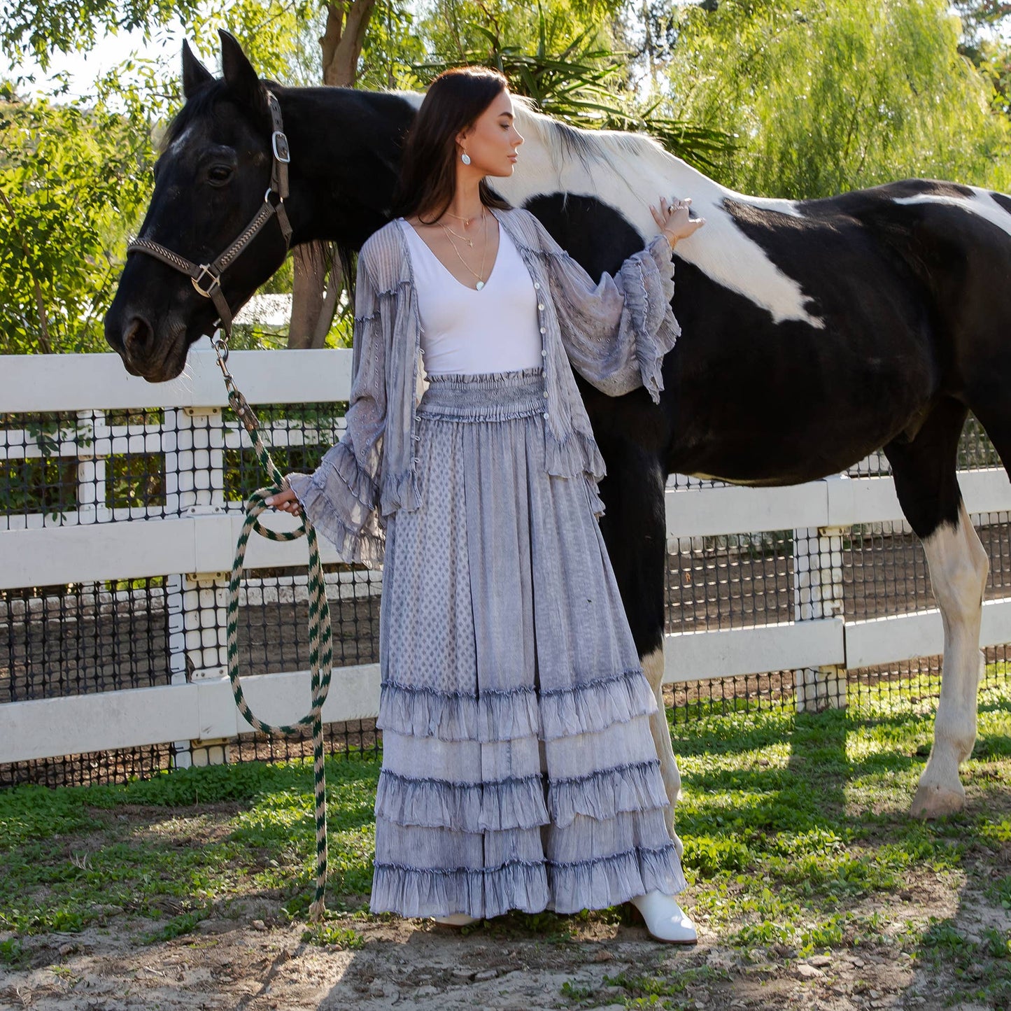 Rustic Textured Smocked Waist Ruffled Tiered Maxi Skirt
