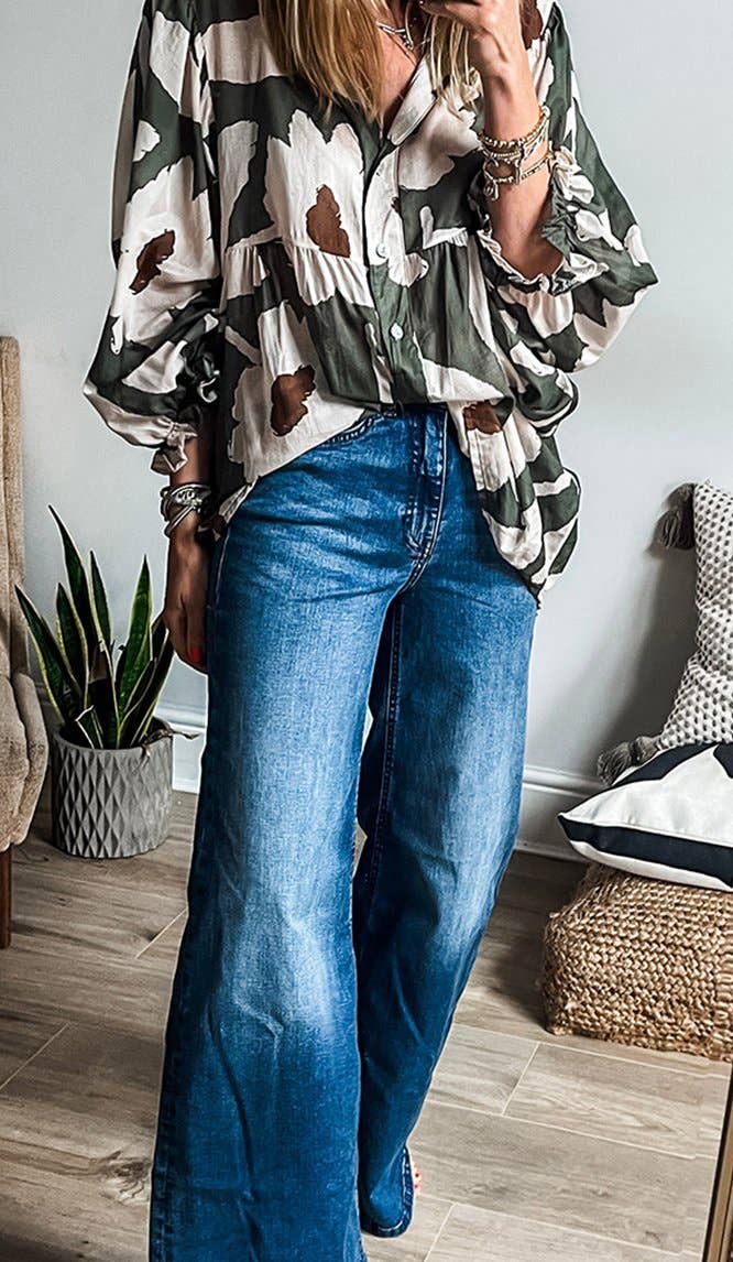 Leaf Clover Abstract Floral Print Puff Sleeve Half Button B