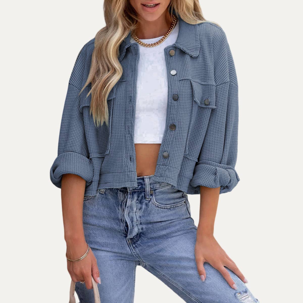 Always Popular Textured Button-Up Long Sleeve Cropped Jacket