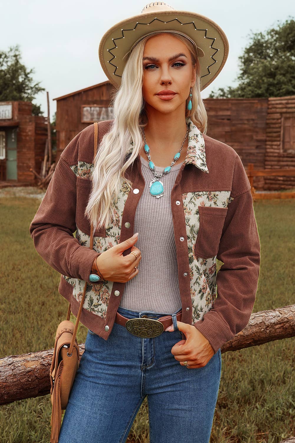 Fashion Rib Retro Floral Patchwork Shirt Style Jacket* S-4X