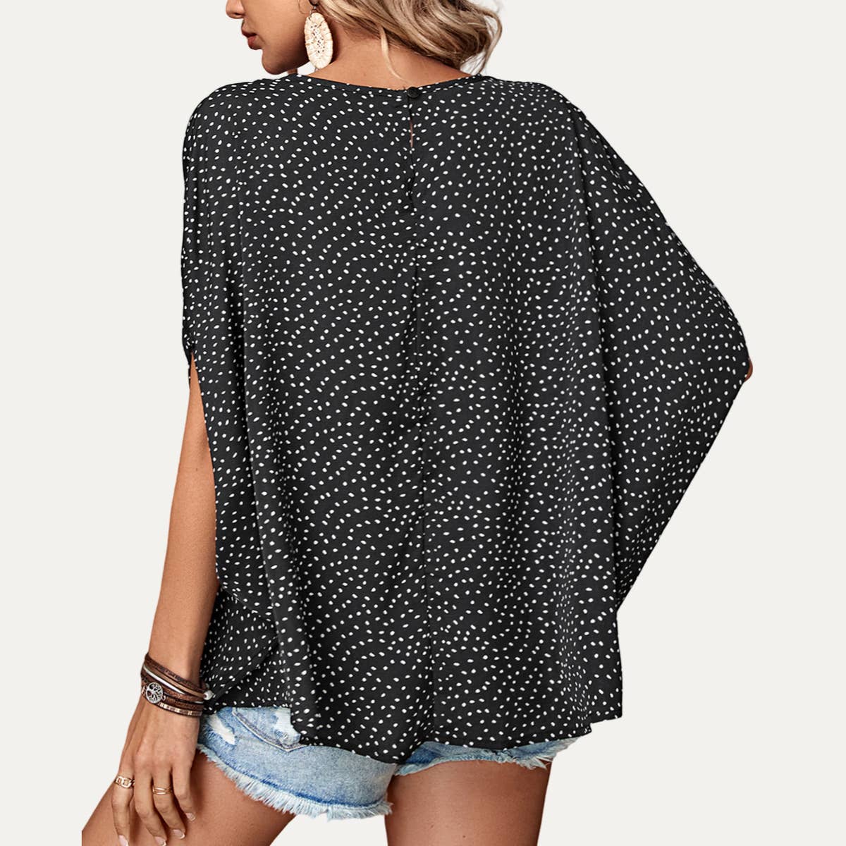 Trendy Black Dot Print Round Neck Batwing Sleeve Top