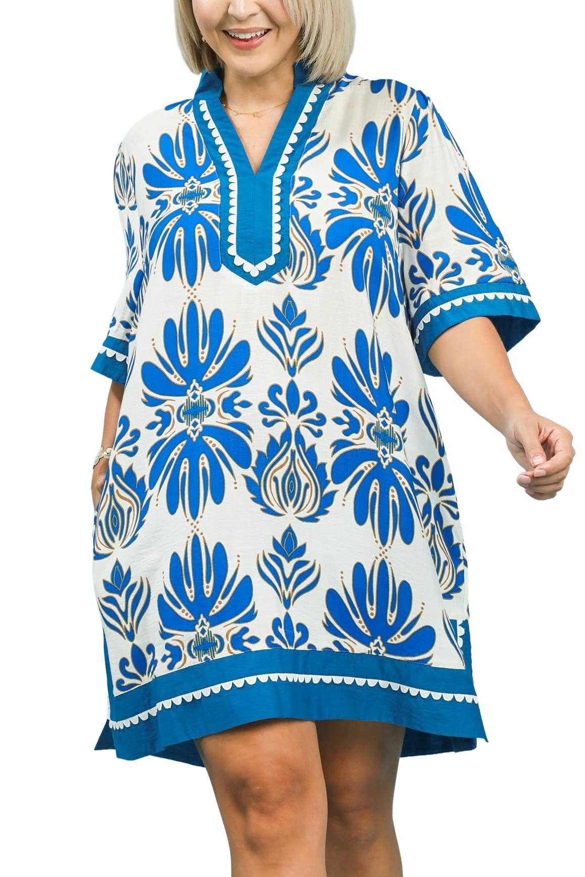 Mix Border Print Dress W/ Contrast Trim