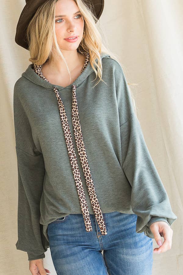 Leopard Drawstring Balloon Sleeves Pullover Hoodie T3716
