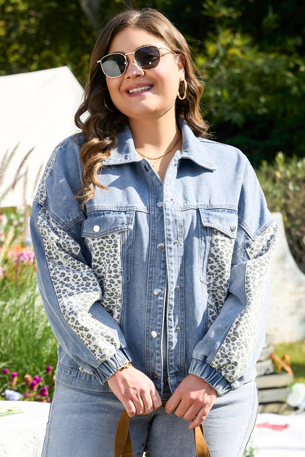 Plus Size Leopard Patchwork Flap Pocket Denim Jacket
