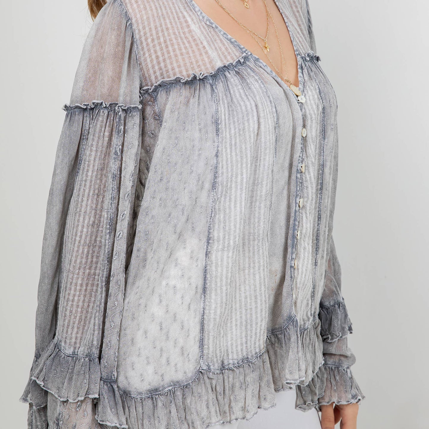 Dreamy Sheer V-Neck Ruffled Button-Front Top