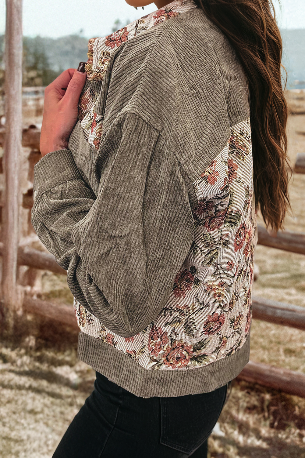 Fashion Rib Retro Floral Patchwork Shirt Style Jacket* S-4X