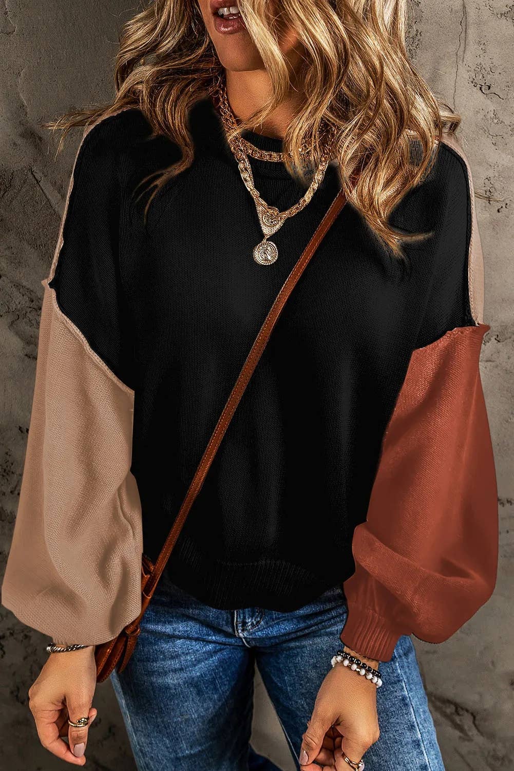 Casual Color block Bishop Sleeve Ribbed Trim Sweater