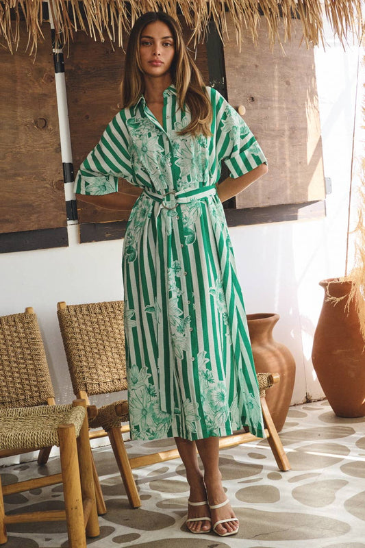 Striped Floral Printed Belted Shirt Dress