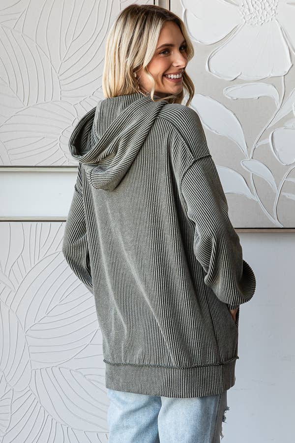 Solid Rib Drop Shoulder Front Pocket Drawstring Hoodie T5704