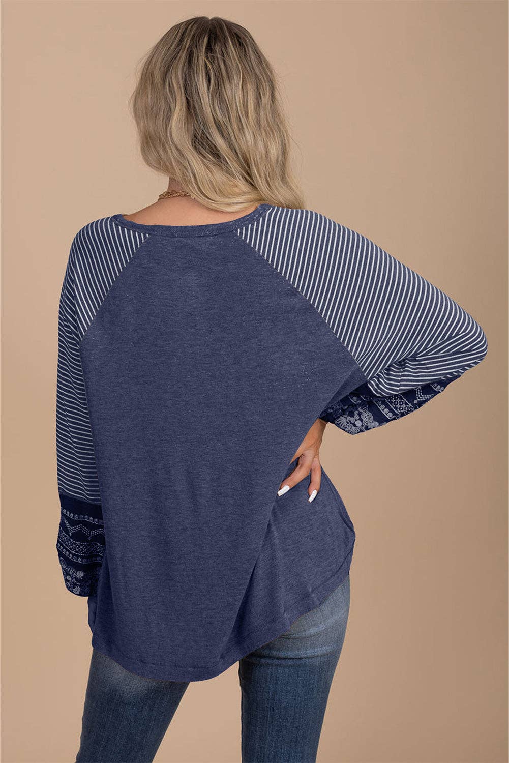Tillandsia Purple Contrast Print Striped Raglan Long Sleeve Loose Top